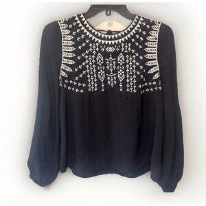 Boho Womens Black White Embroidered Tie Back Top Sz M Festival Peasant Hippie